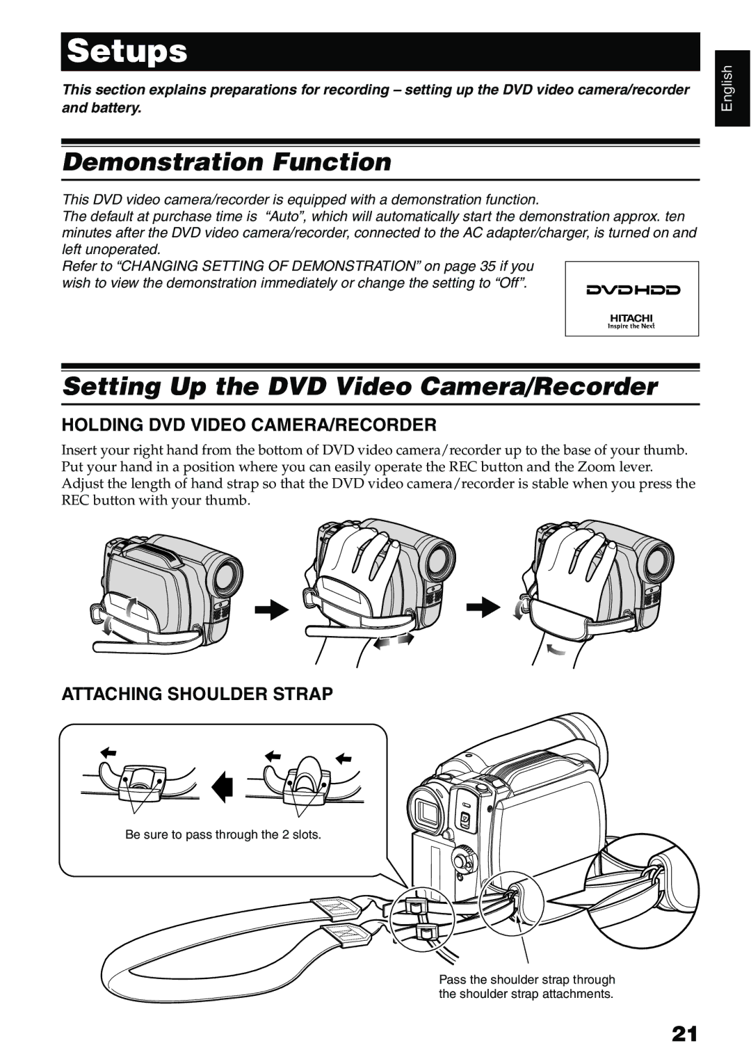 Hitachi DZ-HS500A Demonstration Function, Setting Up the DVD Video Camera/Recorder, Holding DVD Video CAMERA/RECORDER 