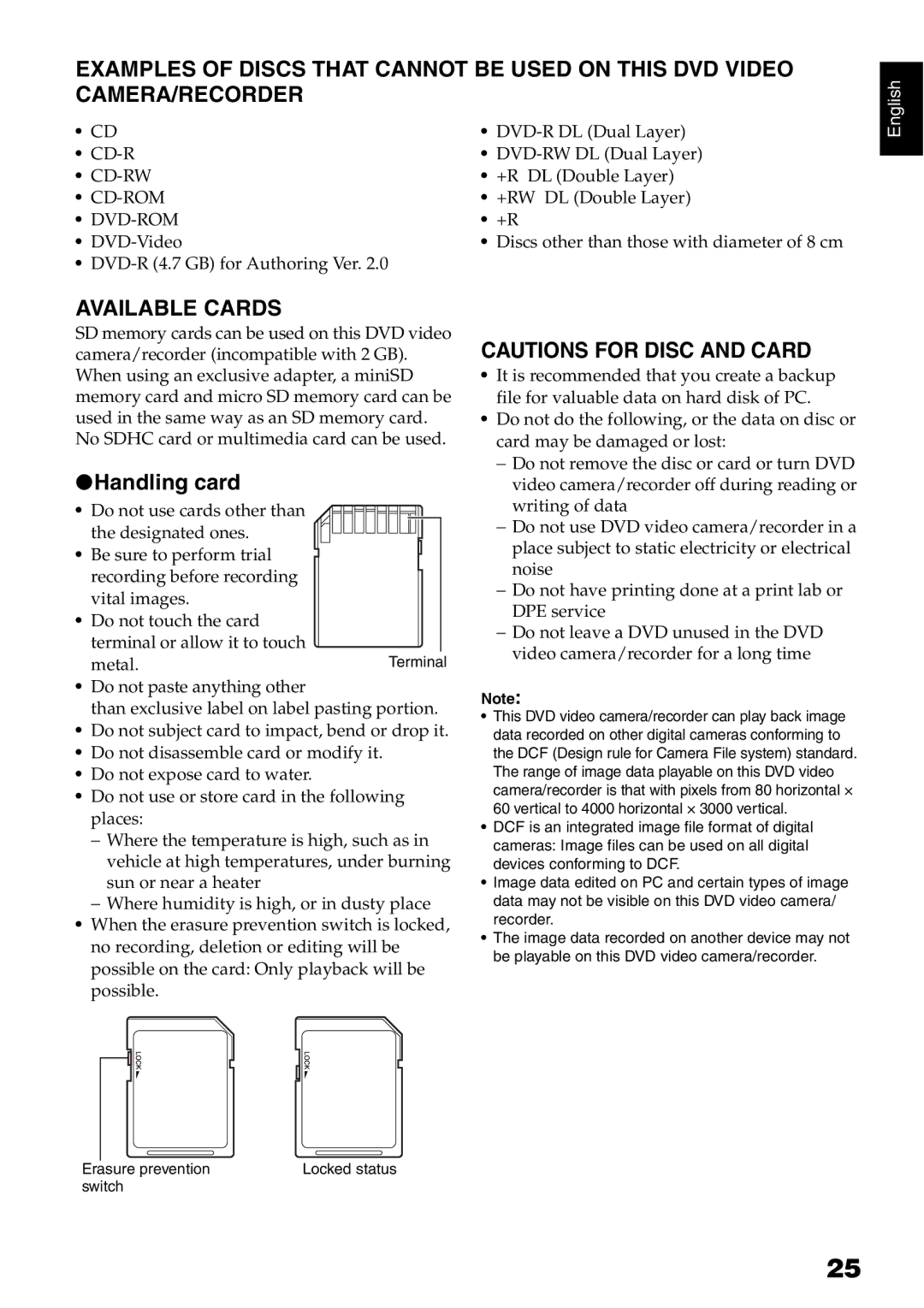 Hitachi DZ-HS500A instruction manual Available Cards, Handling card 