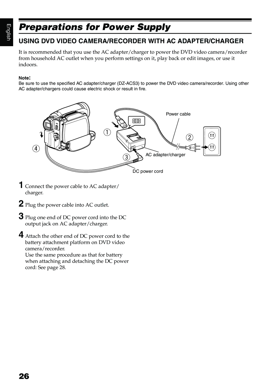 Hitachi DZ-HS500A instruction manual Preparations for Power Supply, Using DVD Video CAMERA/RECORDER with AC ADAPTER/CHARGER 