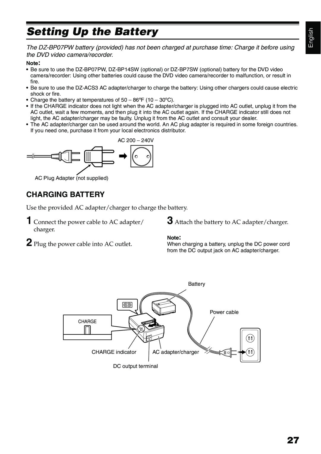 Hitachi DZ-HS500A instruction manual Setting Up the Battery, Charging Battery 