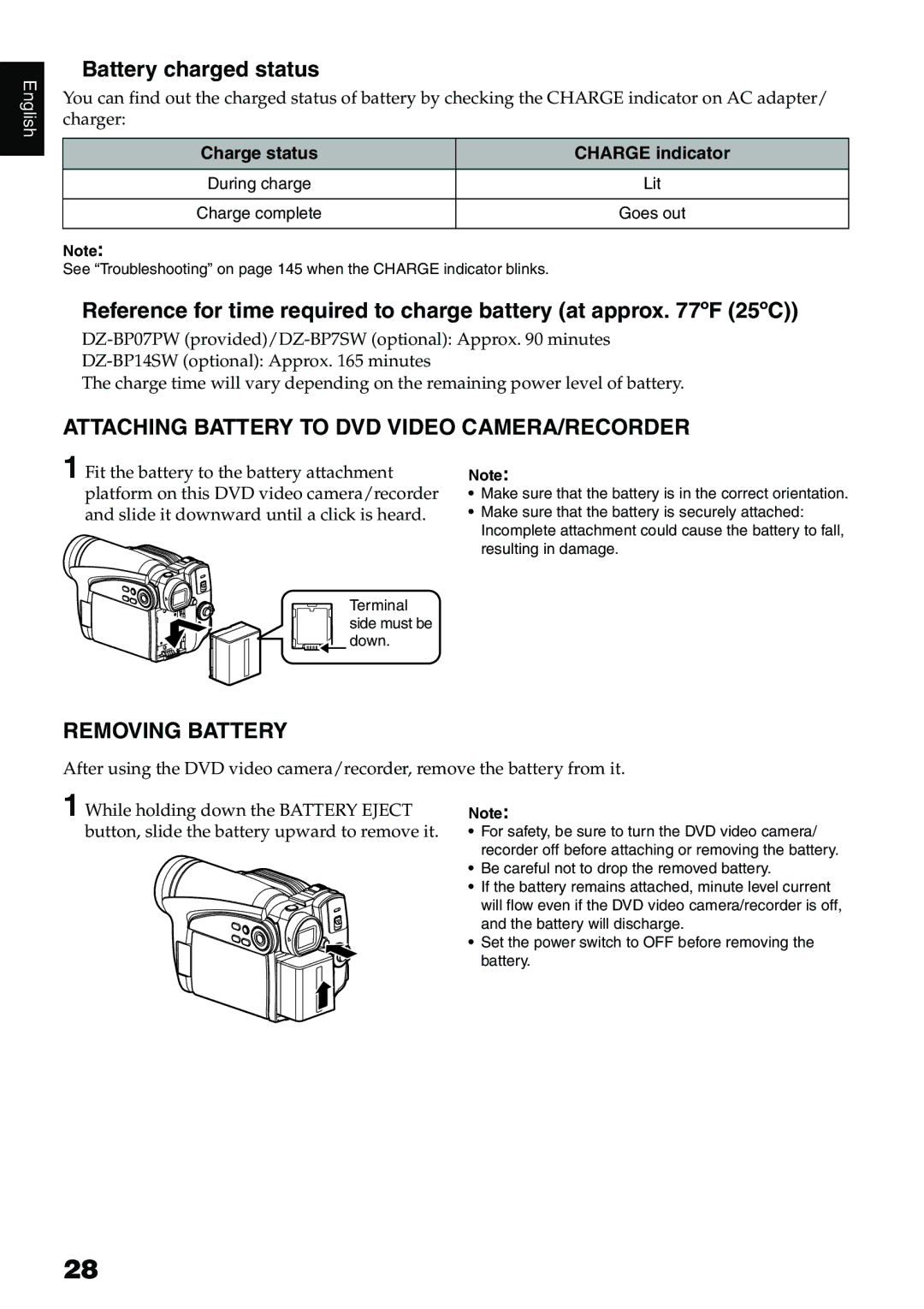 Hitachi DZ-HS500A Battery charged status, Attaching Battery to DVD Video CAMERA/RECORDER, Removing Battery 