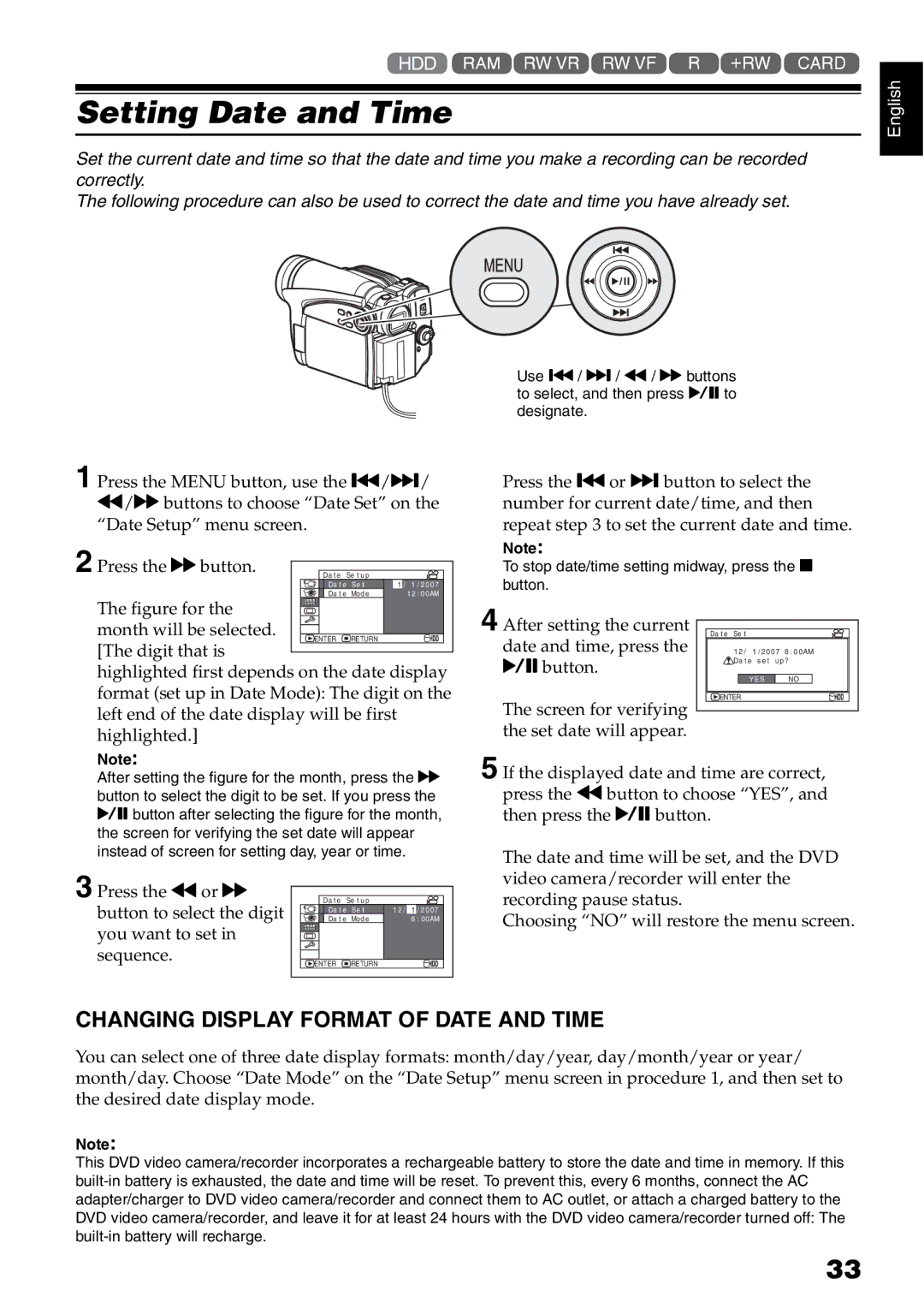 Hitachi DZ-HS500A instruction manual Setting Date and Time, Changing Display Format of Date and Time 