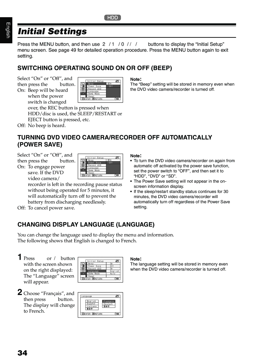 Hitachi DZ-HS500A Initial Settings, Switching Operating Sound on or OFF Beep, Changing Display Language Language 