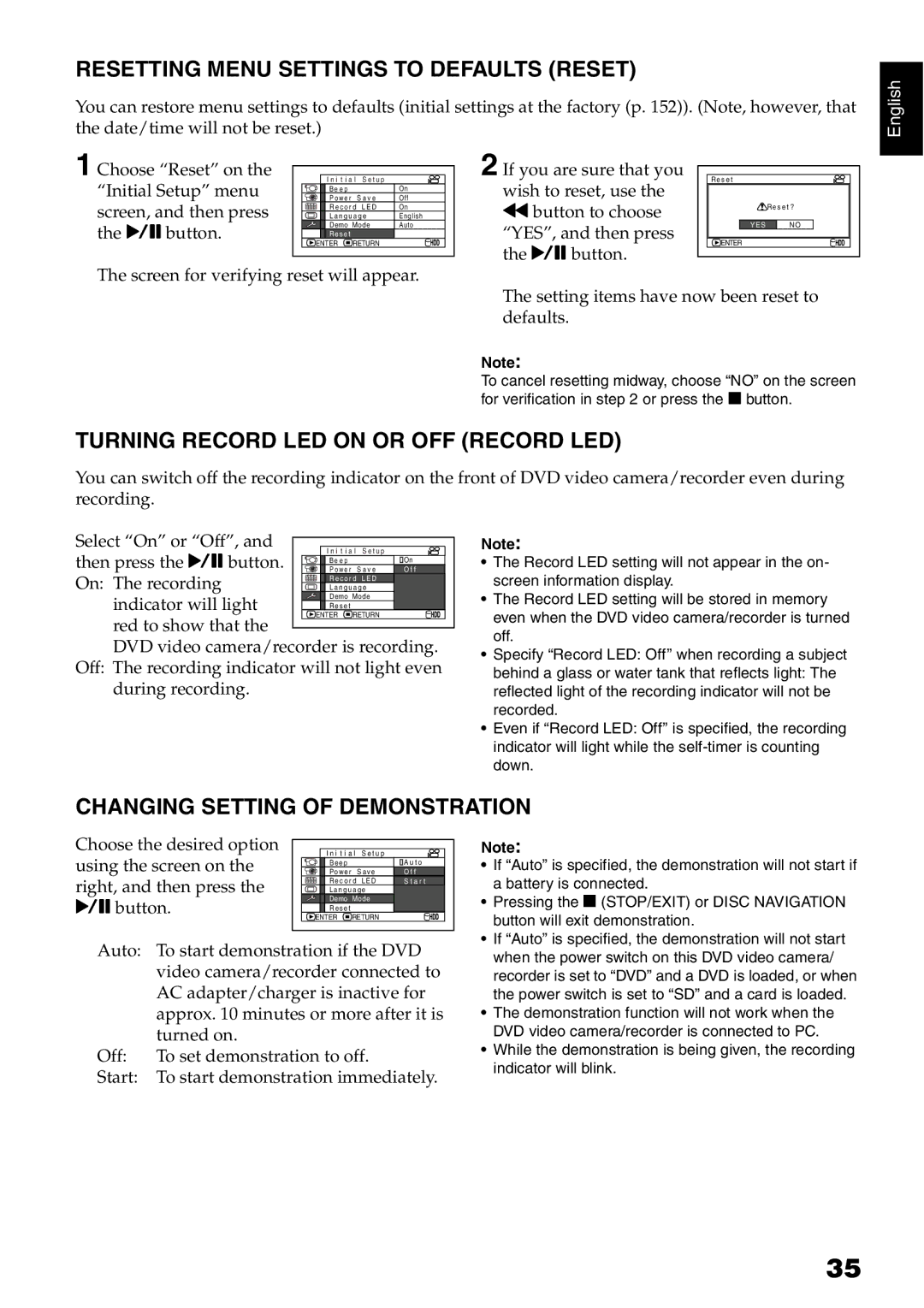 Hitachi DZ-HS500A instruction manual Resetting Menu Settings to Defaults Reset, Turning Record LED on or OFF Record LED 