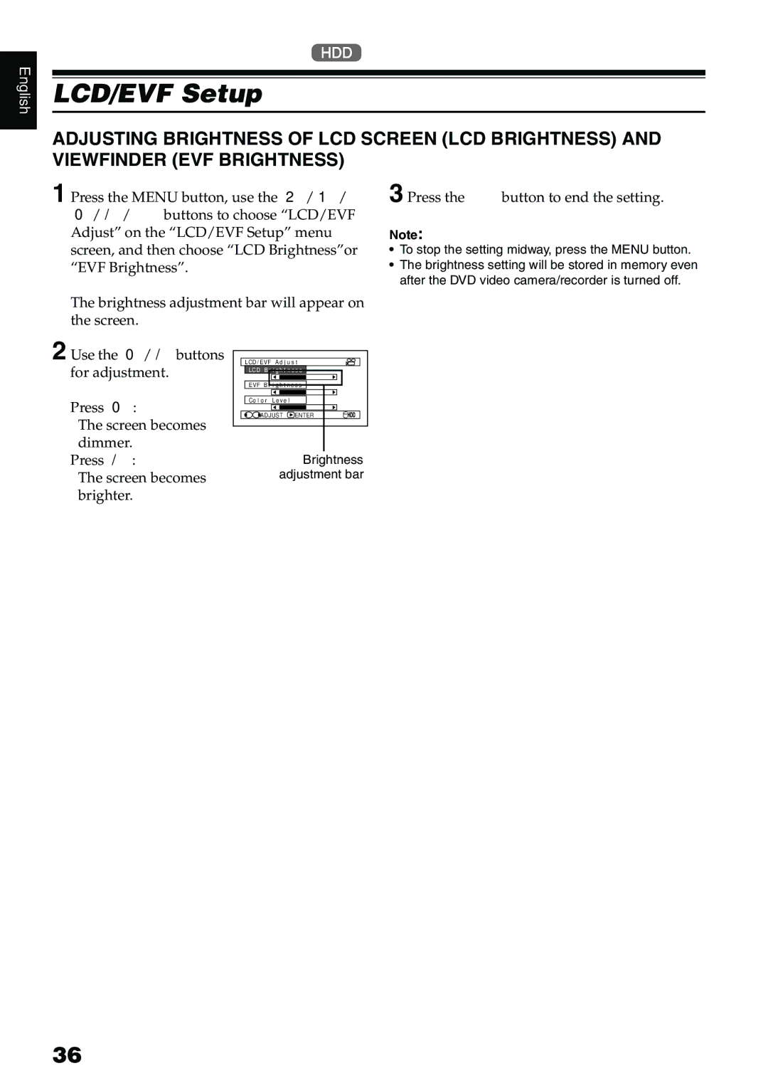 Hitachi DZ-HS500A instruction manual LCD/EVF Setup, EVF Brightness 