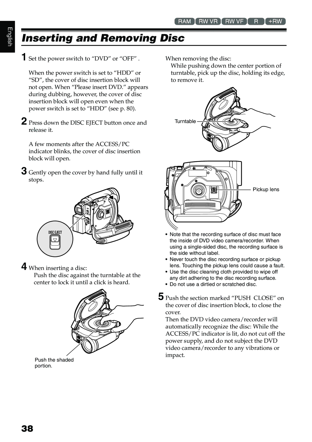 Hitachi DZ-HS500A instruction manual Inserting and Removing Disc, Push the shaded portion Pickup lens 