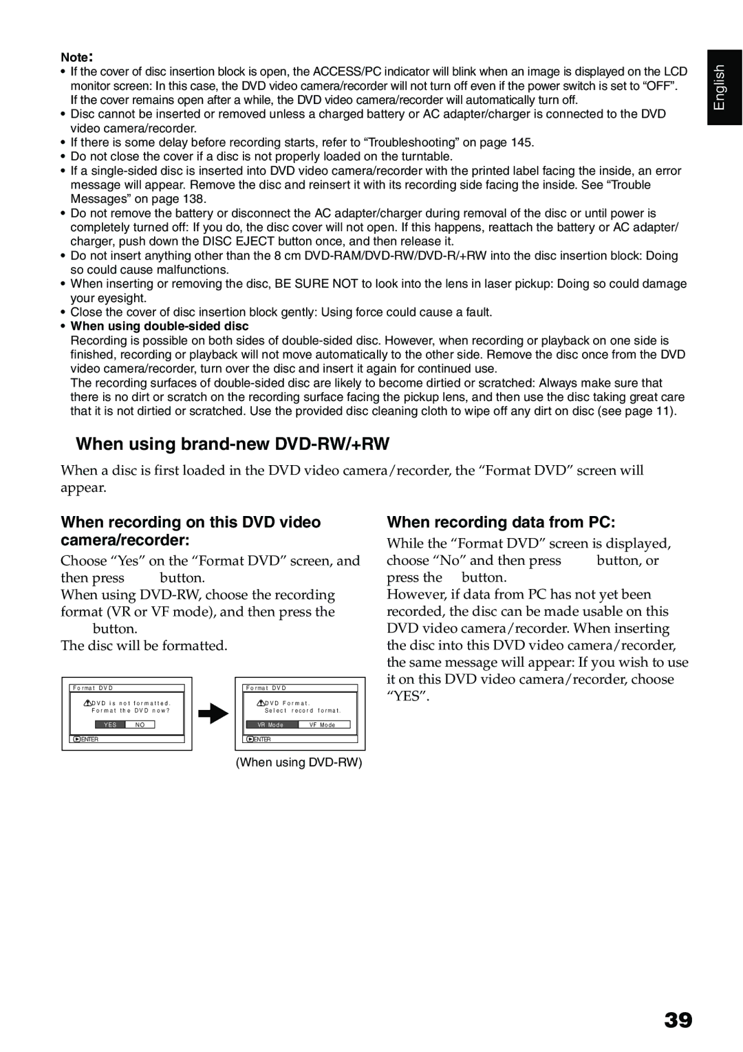 Hitachi DZ-HS500A instruction manual When using brand-new DVD-RW/+RW, When recording on this DVD video camera/recorder 