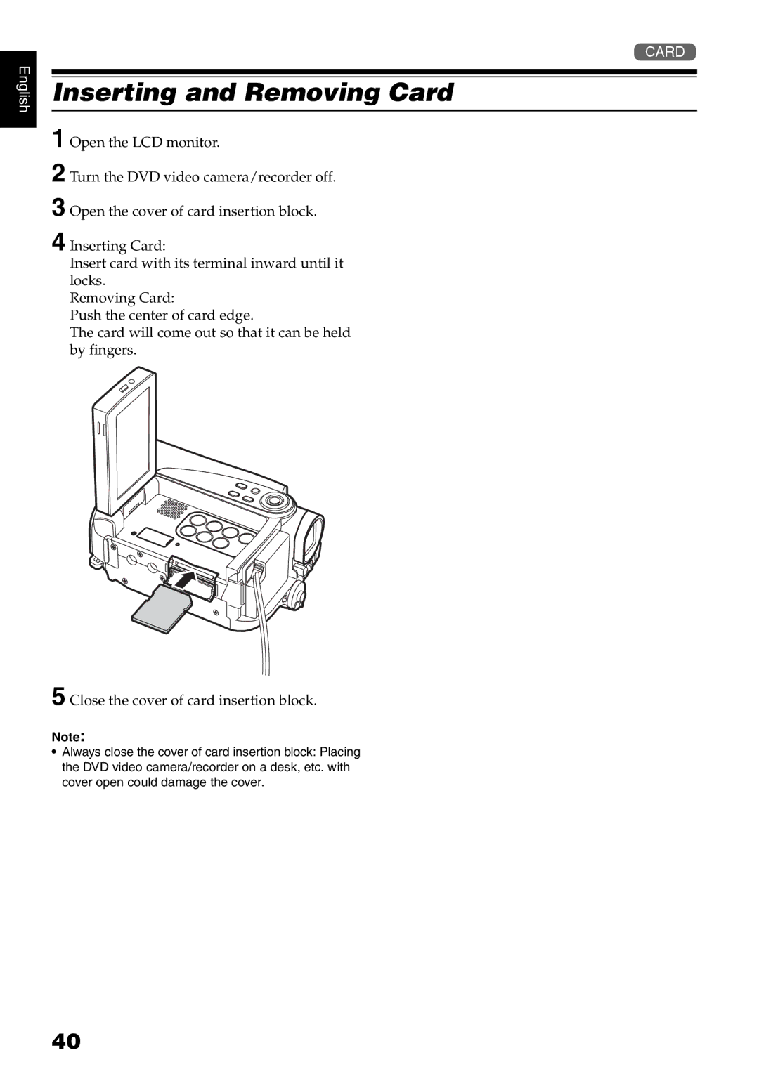 Hitachi DZ-HS500A instruction manual Inserting and Removing Card 