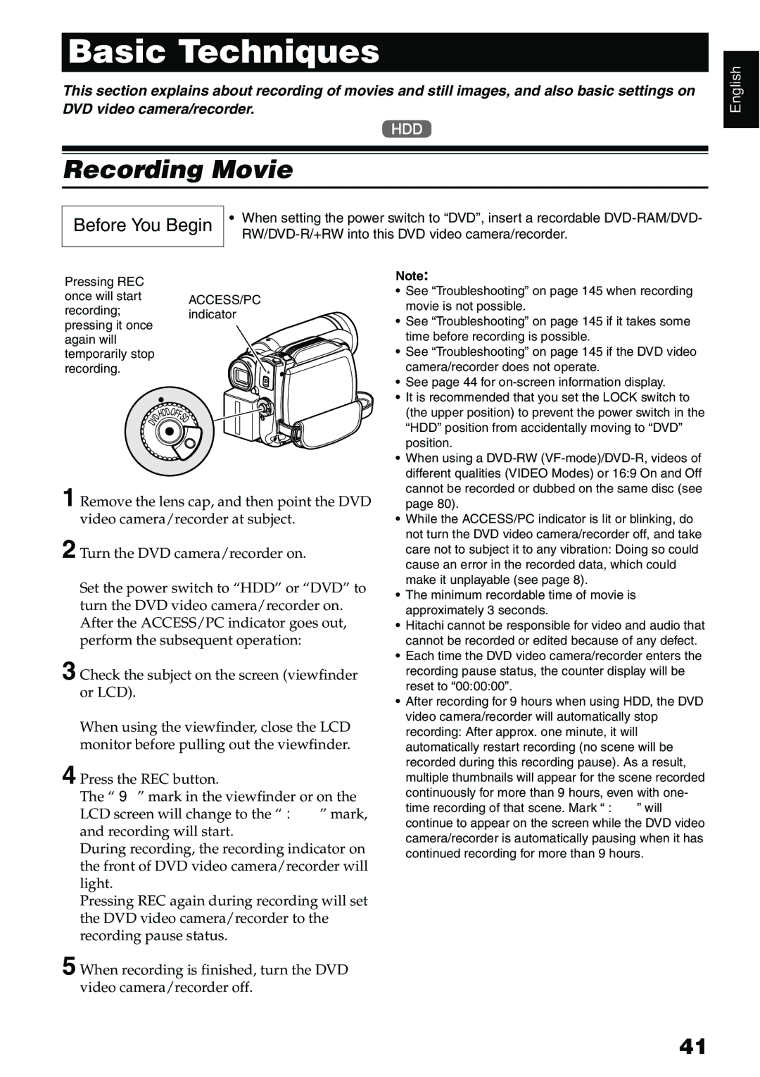 Hitachi DZ-HS500A instruction manual Recording Movie, RW/DVD-R/+RW into this DVD video camera/recorder 