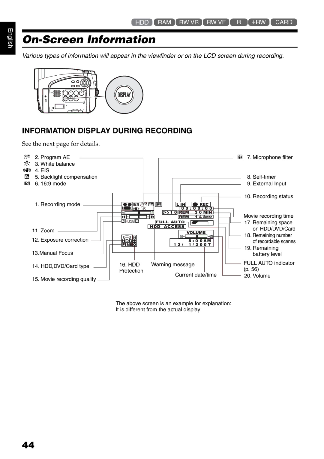 Hitachi DZ-HS500A On-Screen Information, Information Display During Recording, See the next page for details 