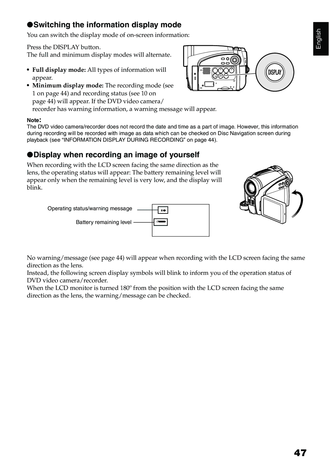 Hitachi DZ-HS500A instruction manual Switching the information display mode, Display when recording an image of yourself 