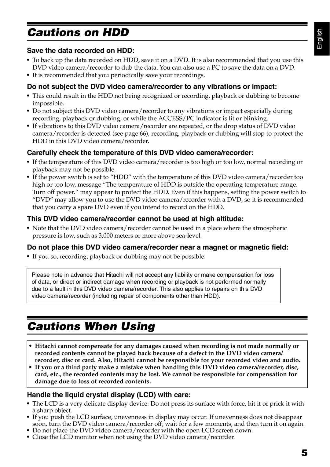 Hitachi DZ-HS500A instruction manual Save the data recorded on HDD, Handle the liquid crystal display LCD with care 