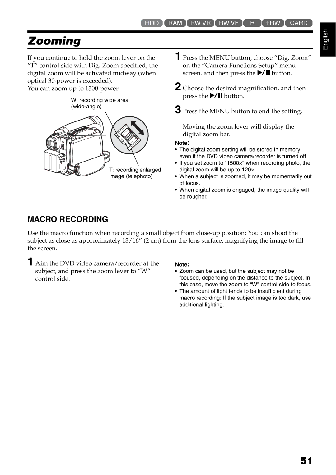 Hitachi DZ-HS500A instruction manual Zooming, Macro Recording 