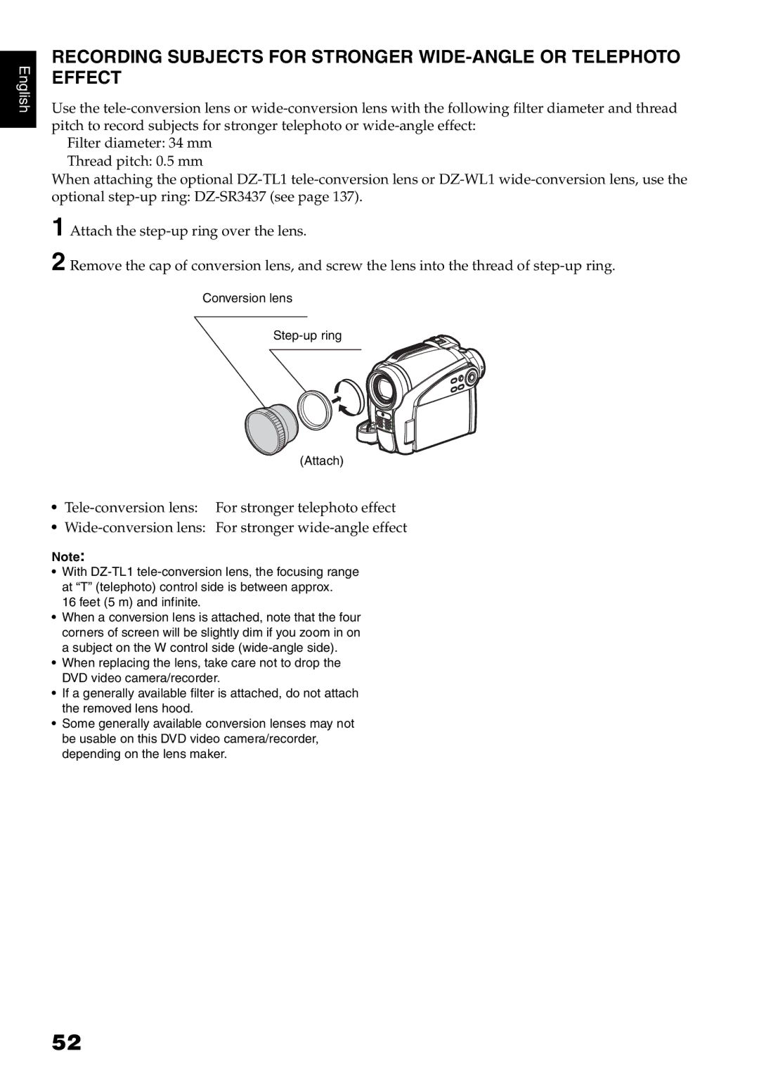 Hitachi DZ-HS500A instruction manual Conversion lens Step-up ring Attach 