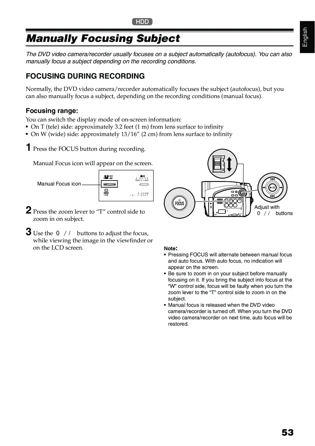 Hitachi DZ-HS500A instruction manual Manually Focusing Subject, Focusing During Recording, Focusing range 