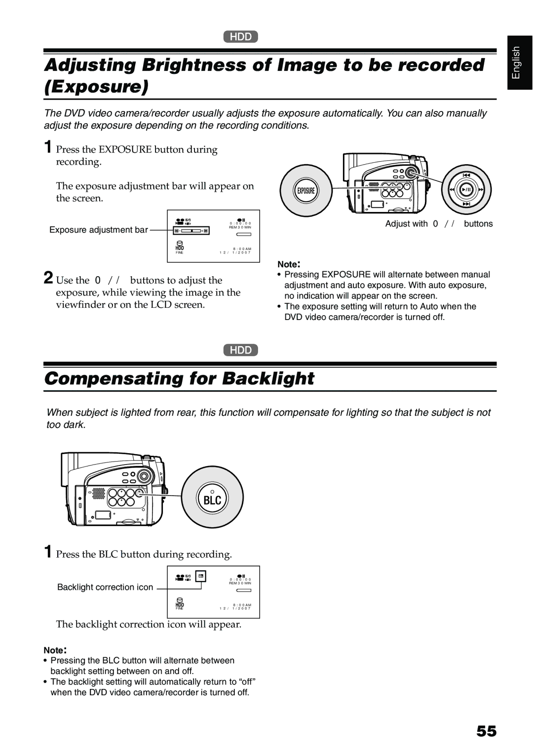 Hitachi DZ-HS500A instruction manual Adjusting Brightness of Image to be recorded Exposure, Compensating for Backlight 