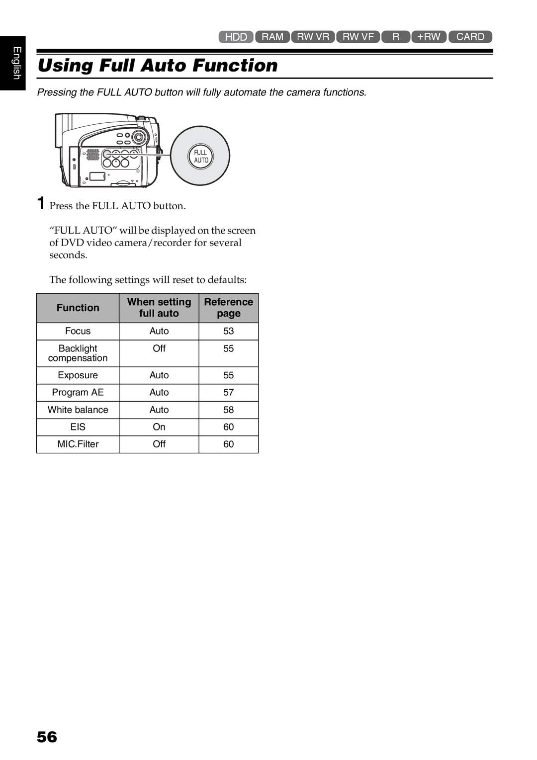 Hitachi DZ-HS500A instruction manual Using Full Auto Function, Function When setting Reference, Focus, Off 