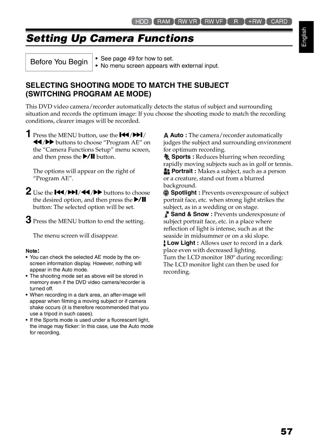 Hitachi DZ-HS500A instruction manual Setting Up Camera Functions, Before You Begin, See page 49 for how to set 