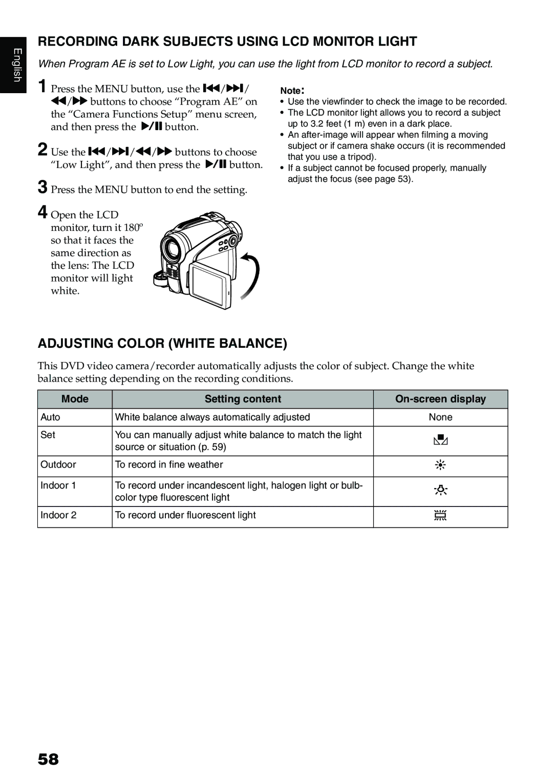 Hitachi DZ-HS500A instruction manual Recording Dark Subjects Using LCD Monitor Light, Adjusting Color White Balance 