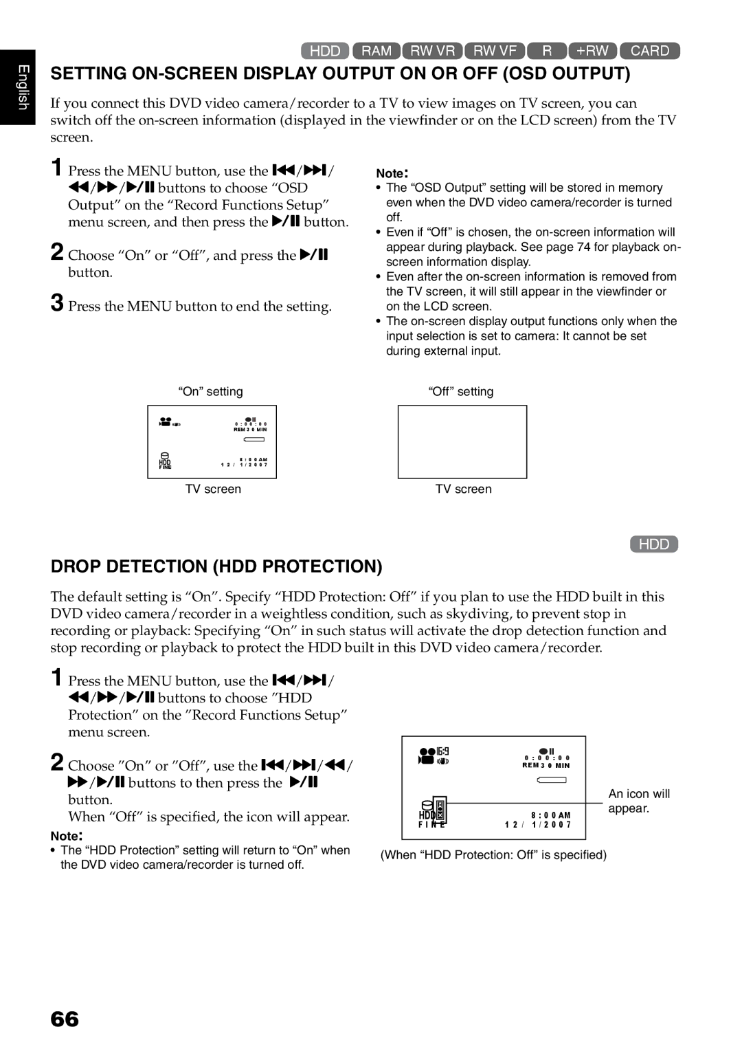 Hitachi DZ-HS500A instruction manual Setting ON-SCREEN Display Output on or OFF OSD Output, Drop Detection HDD Protection 