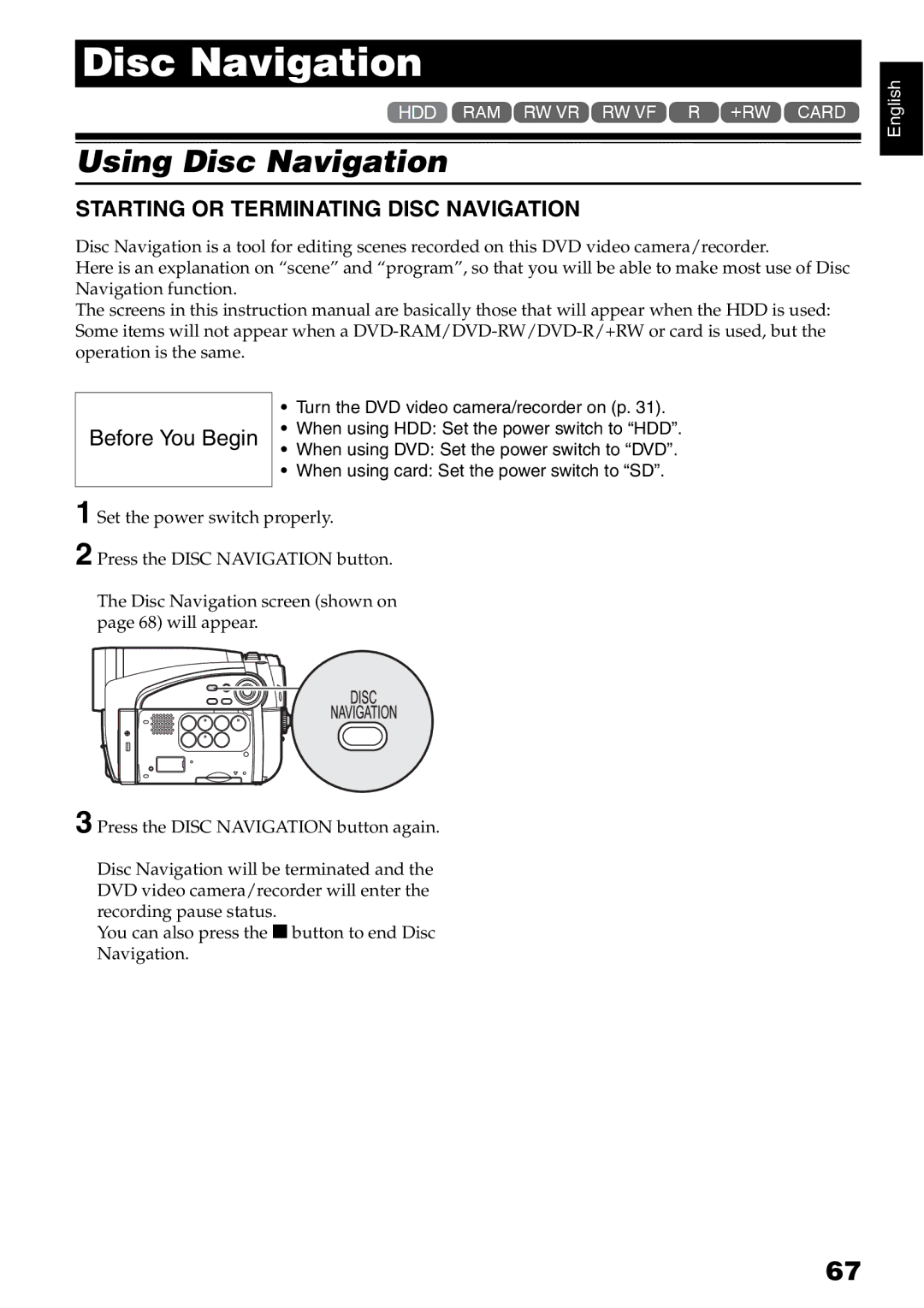 Hitachi DZ-HS500A Using Disc Navigation, Starting or Terminating Disc Navigation, Turn the DVD video camera/recorder on p 