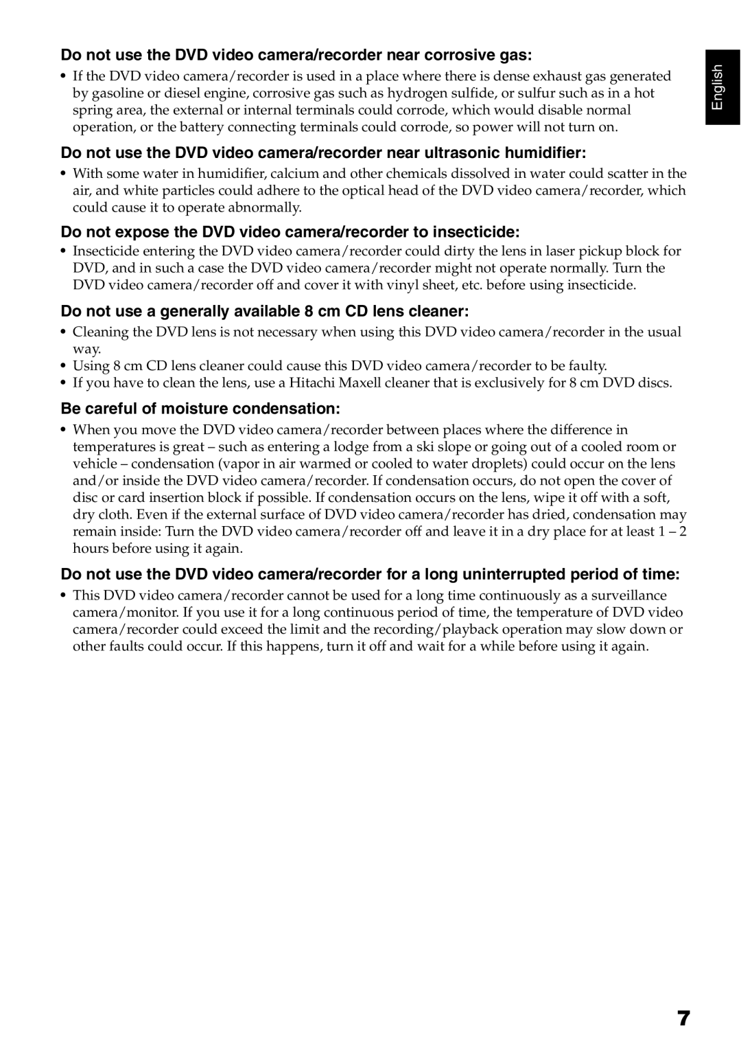 Hitachi DZ-HS500A Do not use the DVD video camera/recorder near corrosive gas, Be careful of moisture condensation 
