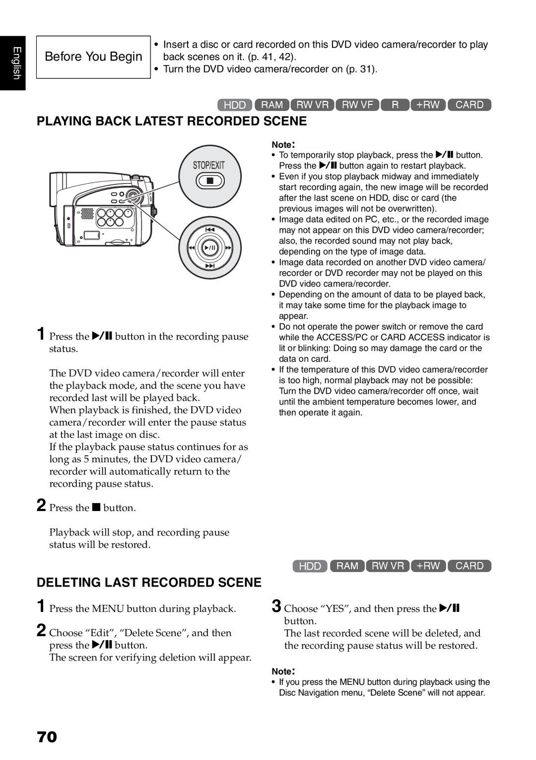 Hitachi DZ-HS500A instruction manual Playing Back Latest Recorded Scene, Deleting Last Recorded Scene 