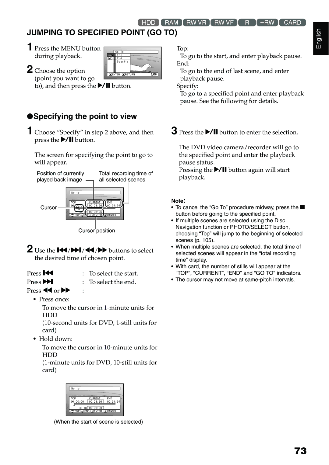 Hitachi DZ-HS500A instruction manual Jumping to Specified Point GO to, Specifying the point to view 