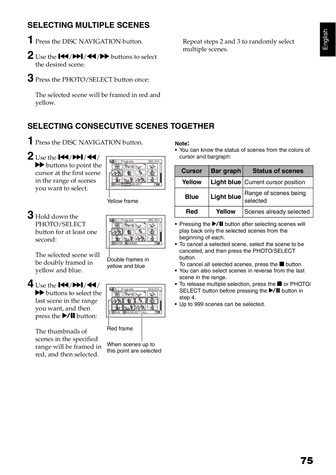 Hitachi DZ-HS500A Selecting Multiple Scenes, Selecting Consecutive Scenes Together, Cursor Bar graph Status of scenes, Red 