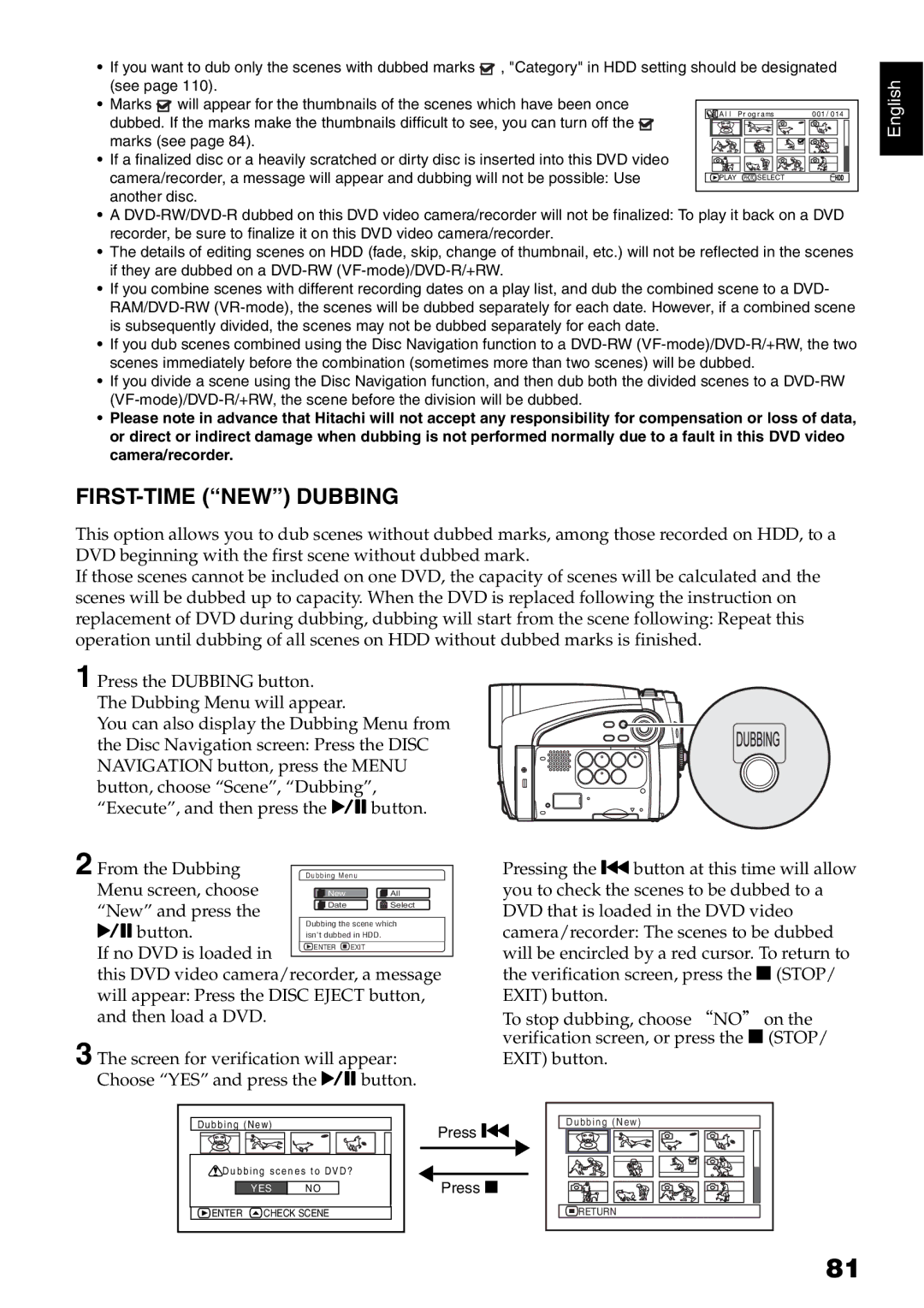 Hitachi DZ-HS500A instruction manual FIRST-TIME NEW Dubbing, Menu screen, choose, New and press, If no DVD is loaded 