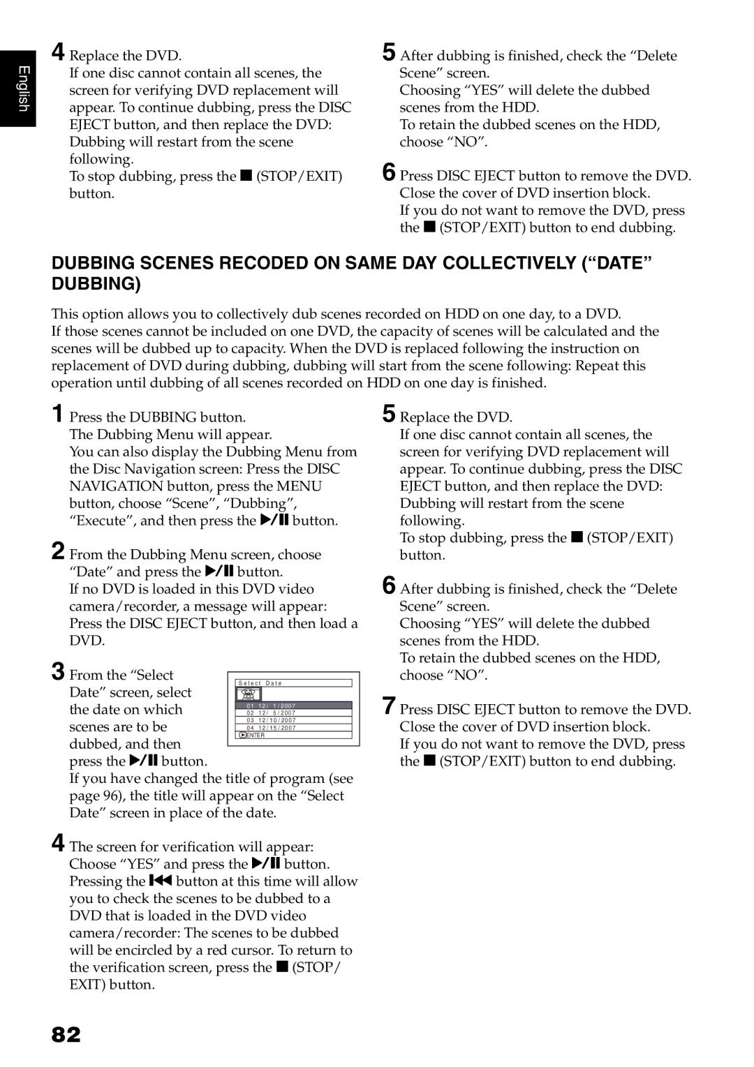 Hitachi DZ-HS500A instruction manual Dubbing Scenes Recoded on Same DAY Collectively Date Dubbing 