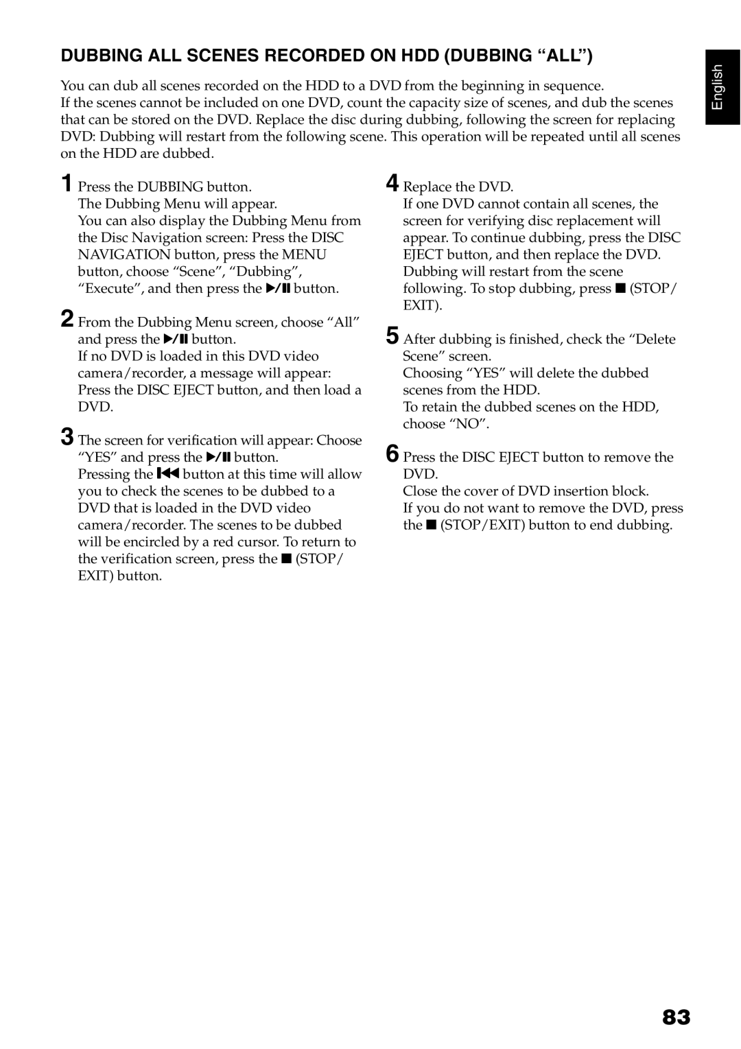 Hitachi DZ-HS500A instruction manual Dubbing ALL Scenes Recorded on HDD Dubbing ALL 