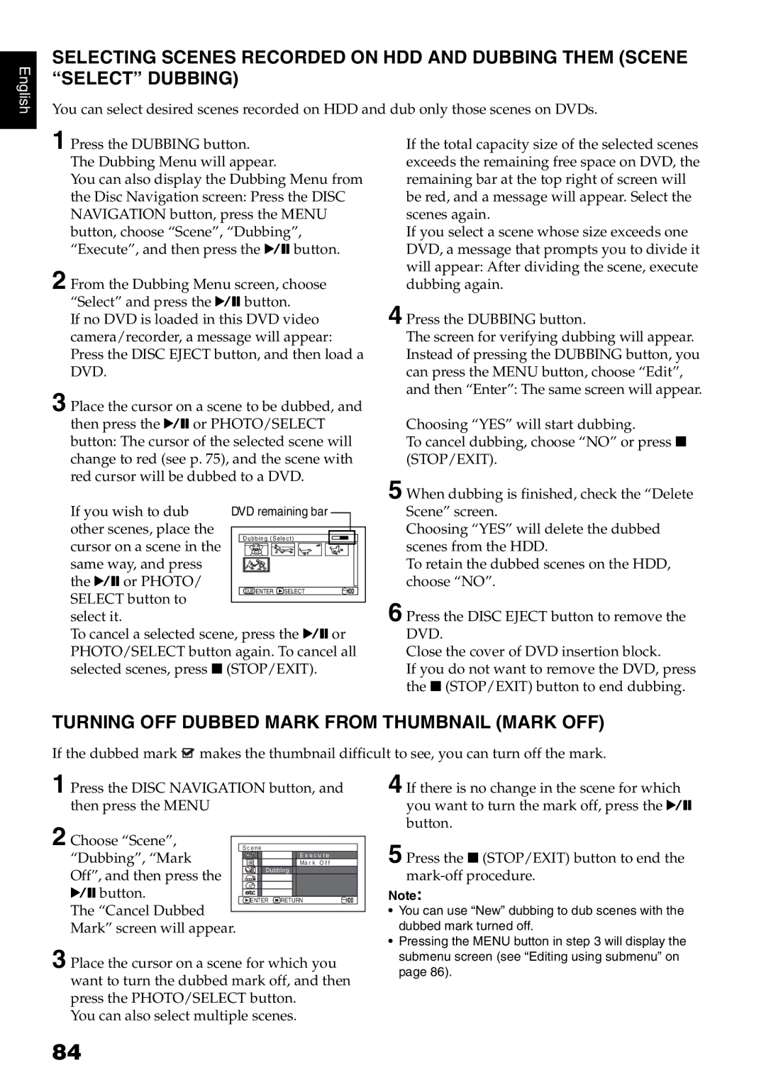 Hitachi DZ-HS500A instruction manual Turning OFF Dubbed Mark from Thumbnail Mark OFF, Dubbing, Mark, Off, and then press 