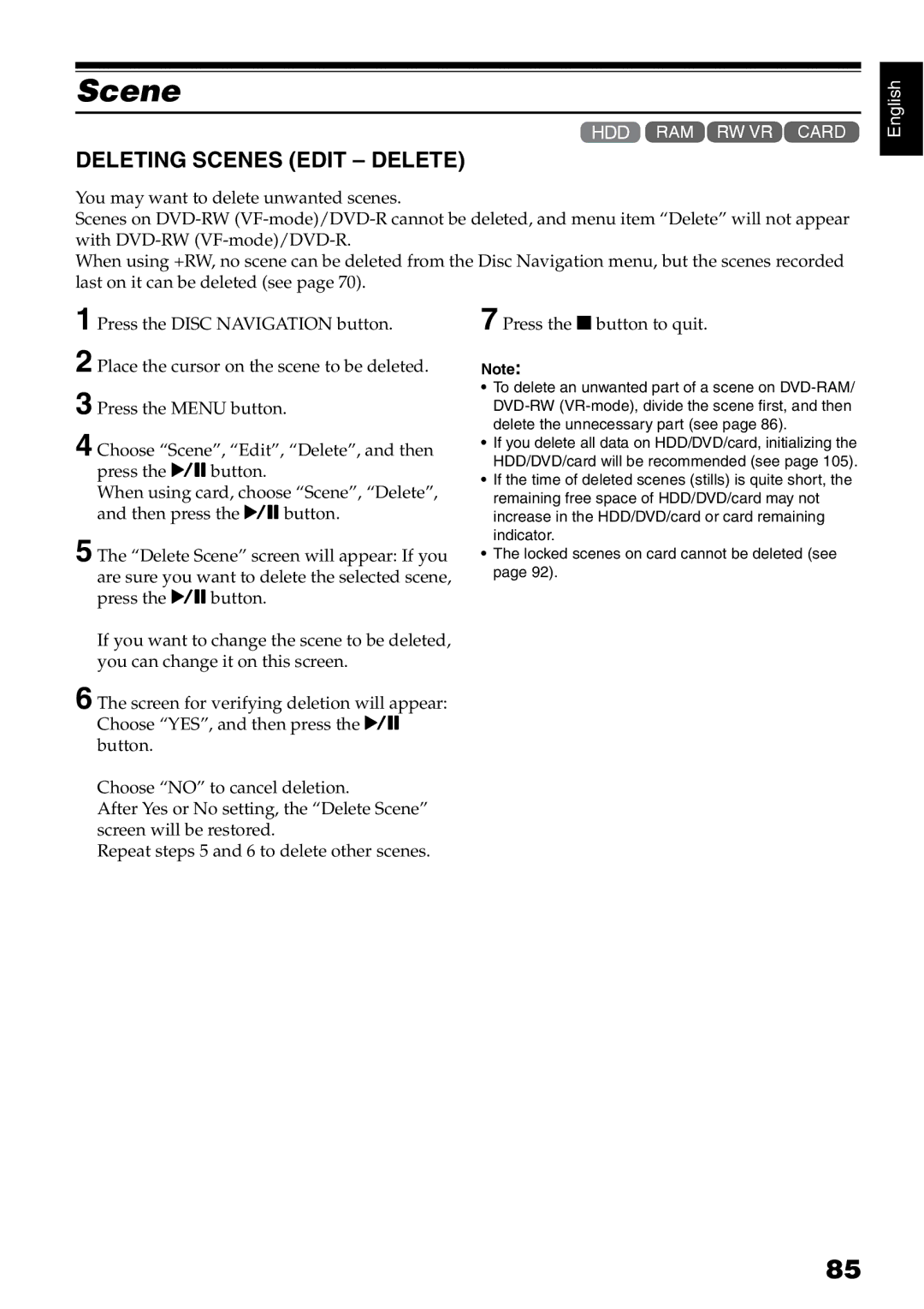 Hitachi DZ-HS500A instruction manual Deleting Scenes Edit Delete 