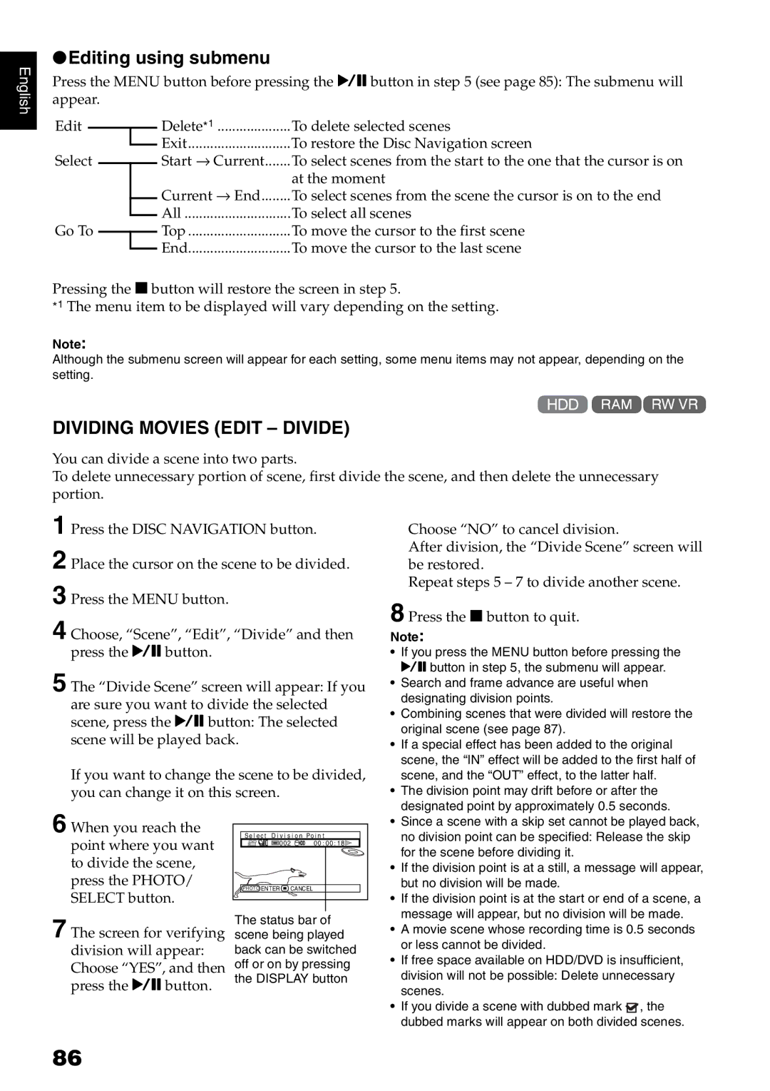 Hitachi DZ-HS500A instruction manual Editing using submenu, Dividing Movies Edit Divide 