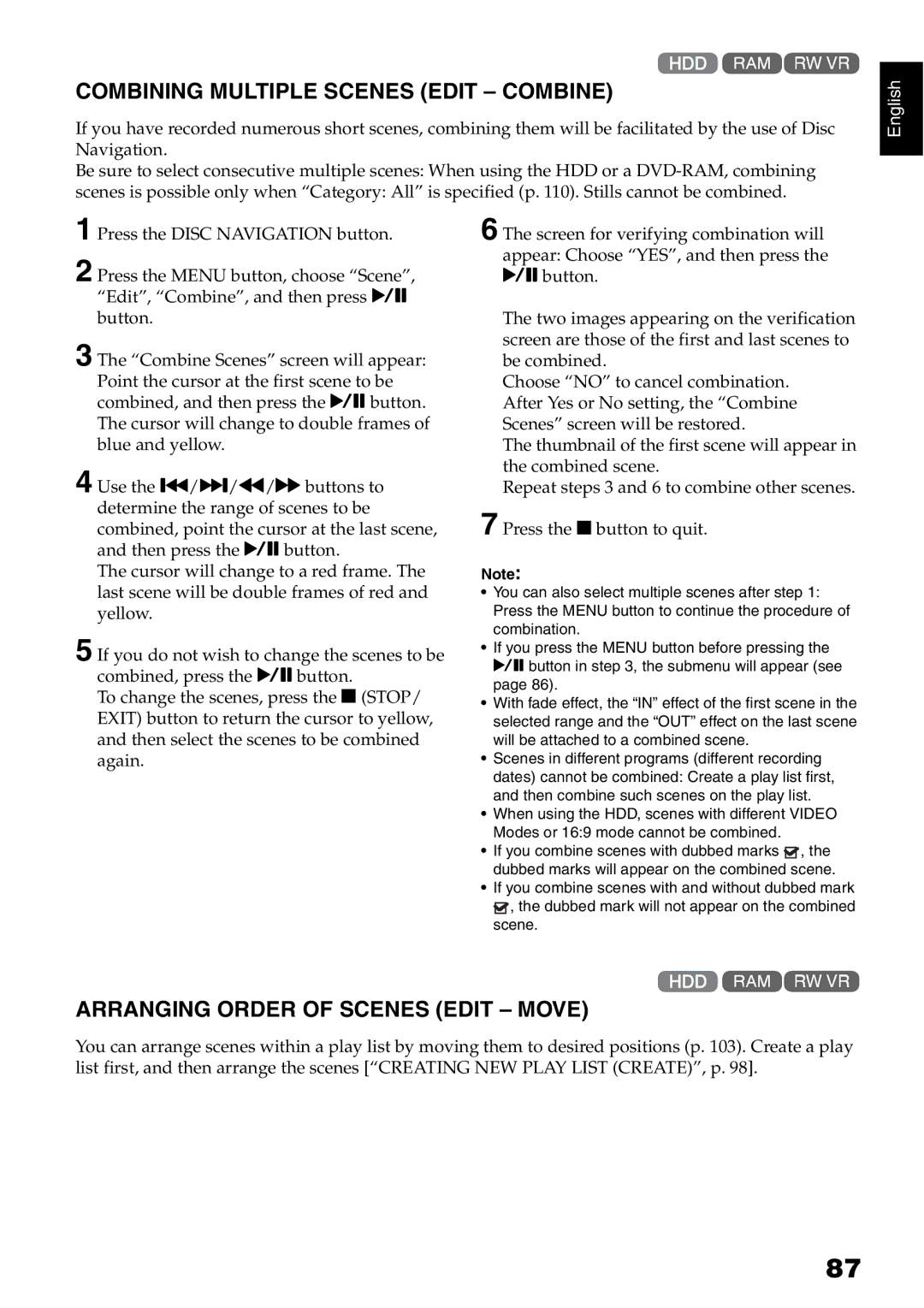 Hitachi DZ-HS500A instruction manual Combining Multiple Scenes Edit Combine, Arranging Order of Scenes Edit Move 