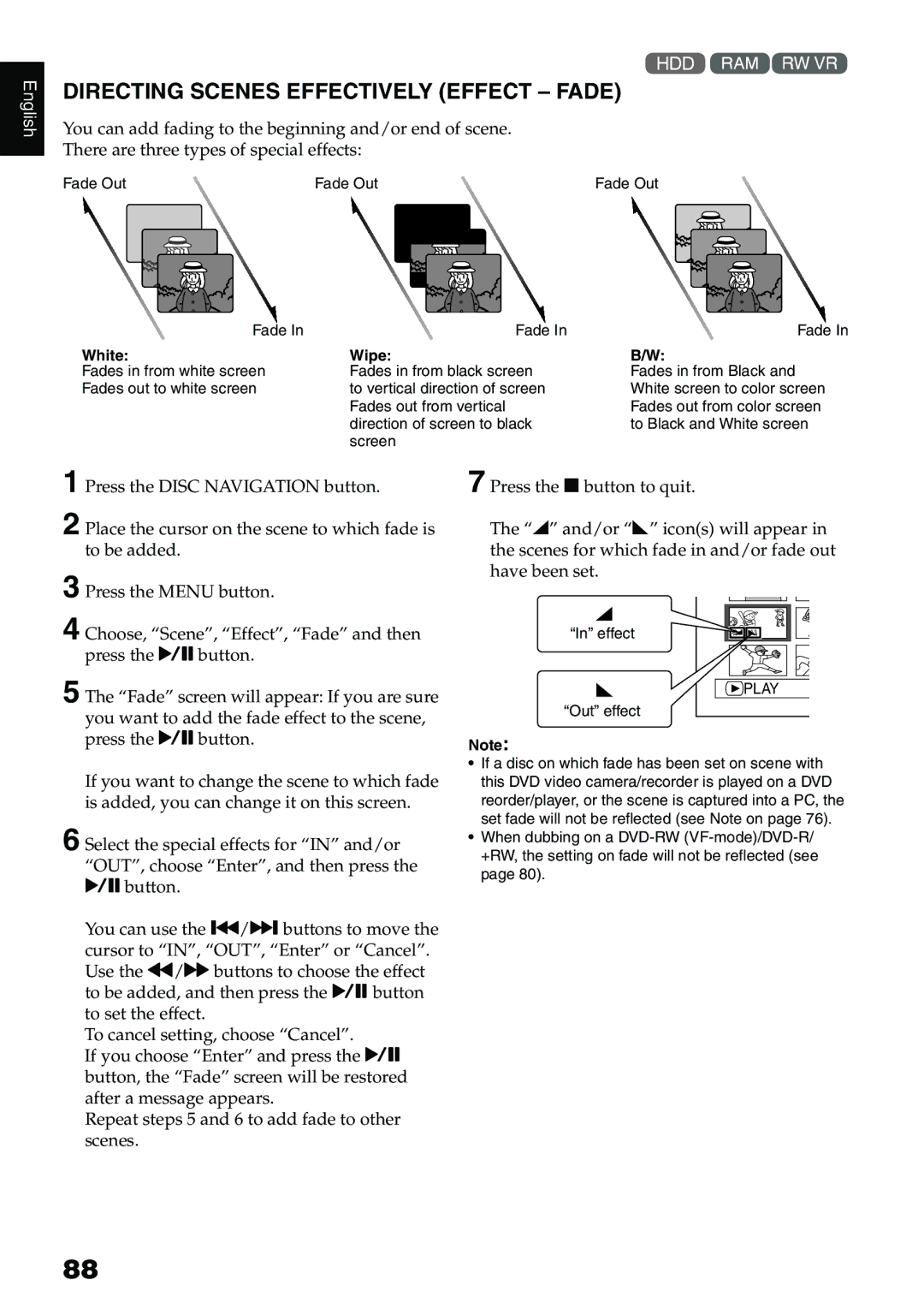 Hitachi DZ-HS500A instruction manual Directing Scenes Effectively Effect Fade, White Wipe 