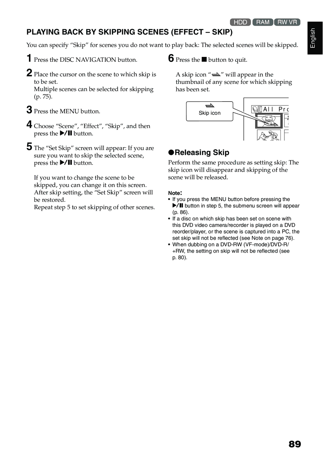 Hitachi DZ-HS500A instruction manual Playing Back by Skipping Scenes Effect Skip, Releasing Skip 