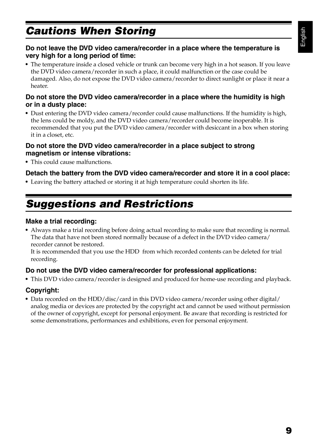 Hitachi DZ-HS500A Suggestions and Restrictions, Make a trial recording, Copyright, This could cause malfunctions 