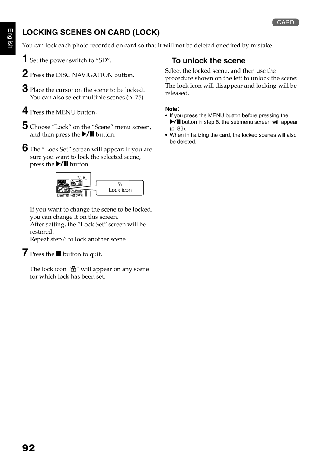 Hitachi DZ-HS500A instruction manual Locking Scenes on Card Lock, To unlock the scene 