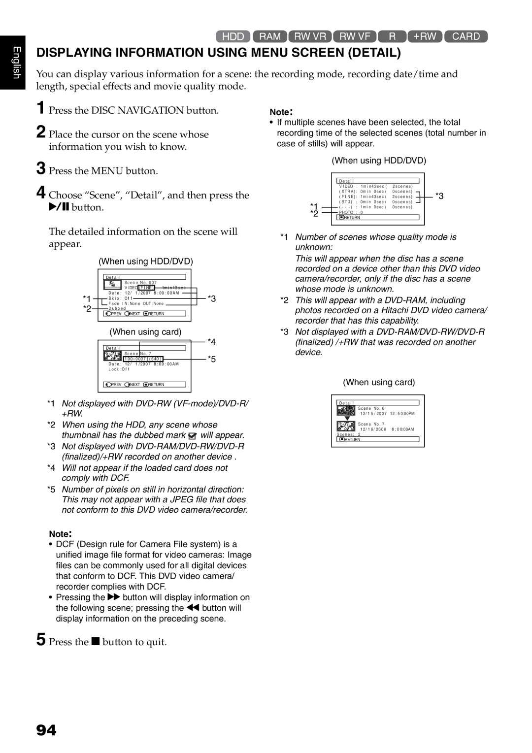 Hitachi DZ-HS500A instruction manual Displaying Information Using Menu Screen Detail, When using HDD/DVD 