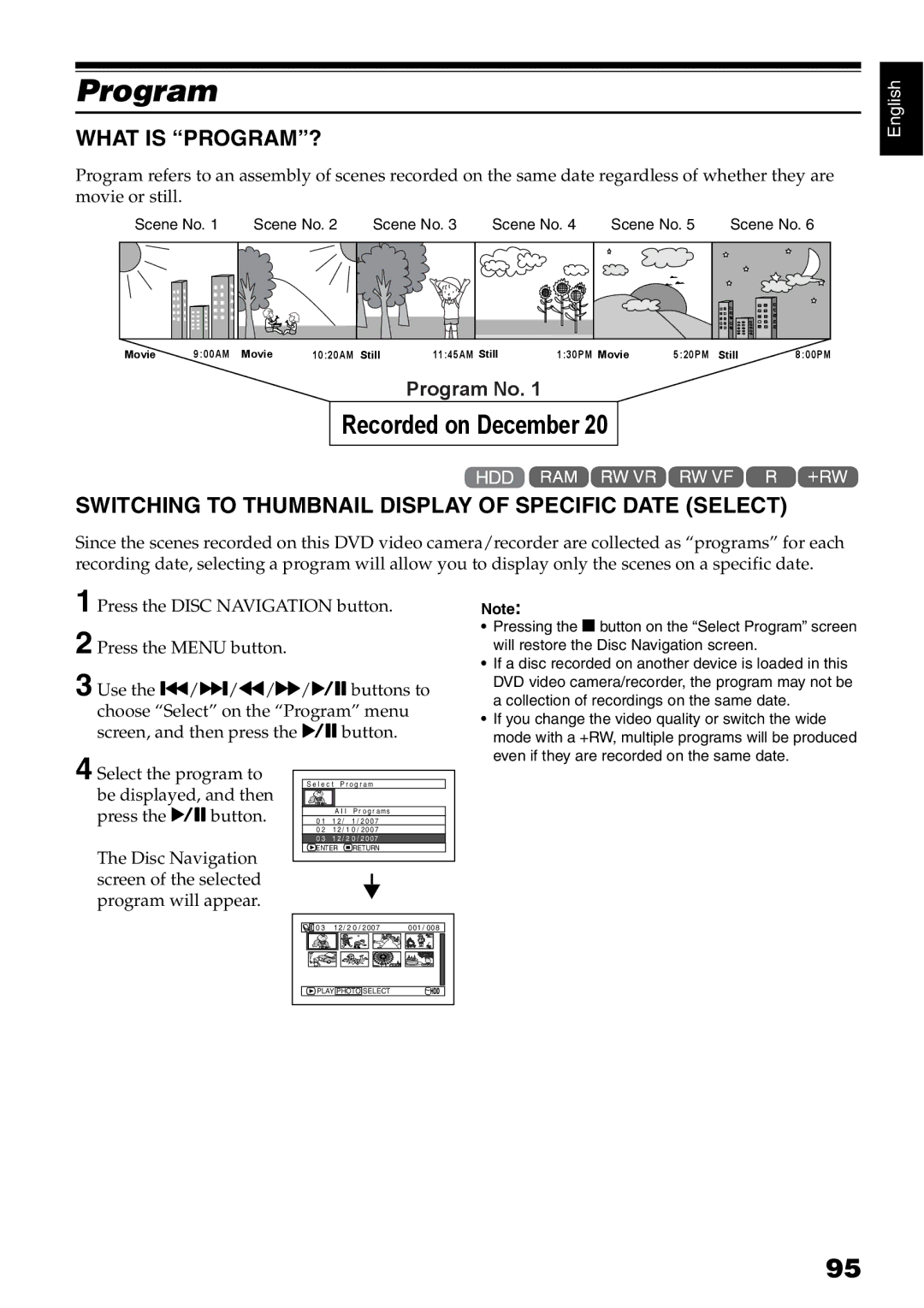 Hitachi DZ-HS500A instruction manual Program, What is PROGRAM?, Switching to Thumbnail Display of Specific Date Select 