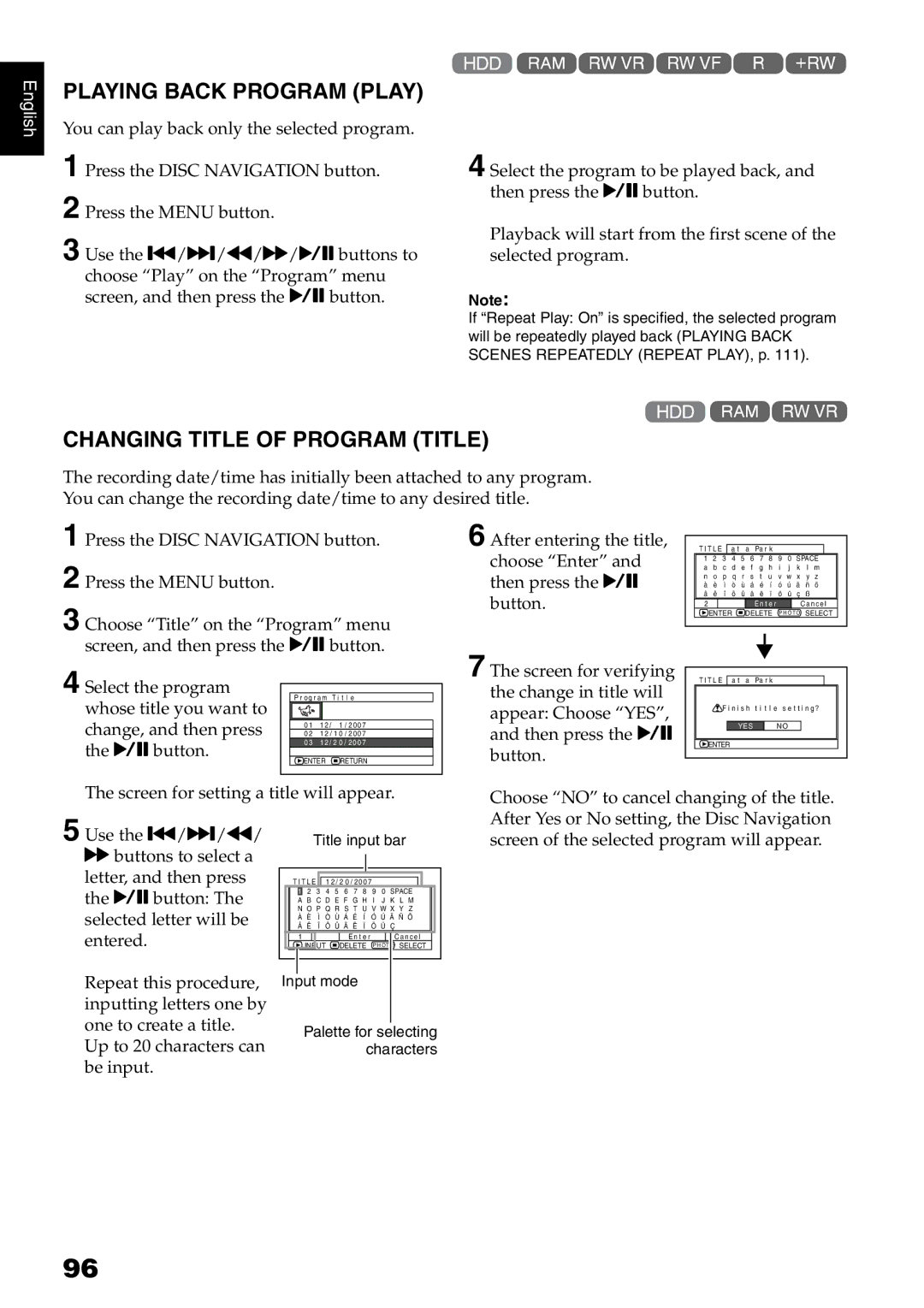 Hitachi DZ-HS500A Playing Back Program Play, Changing Title of Program Title, Screen of the selected program will appear 