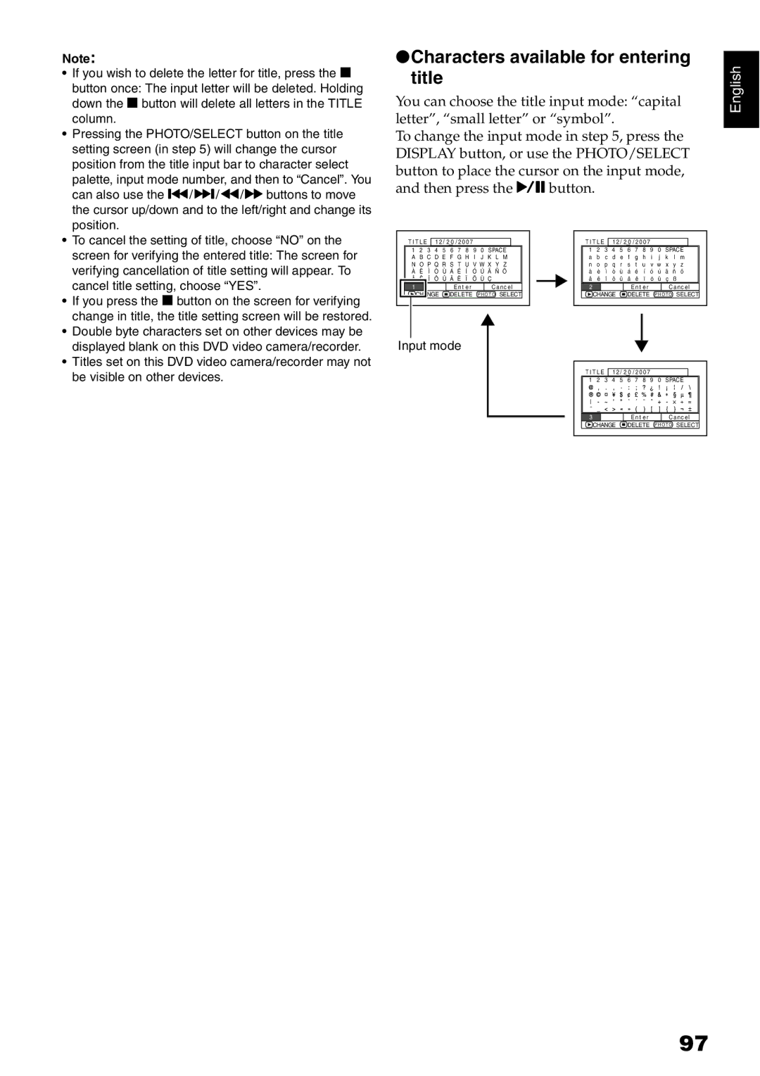 Hitachi DZ-HS500A Characters available for entering title, If you press the Cbutton on the screen for verifying 