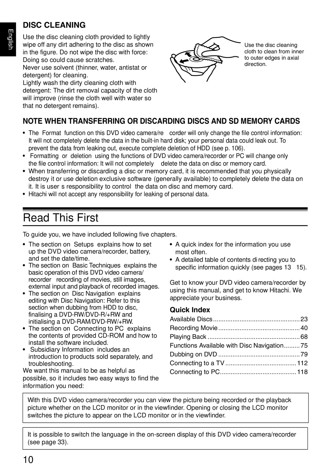 Hitachi DZ-HS500SW instruction manual Read This First, Disc Cleaning, Quick Index 