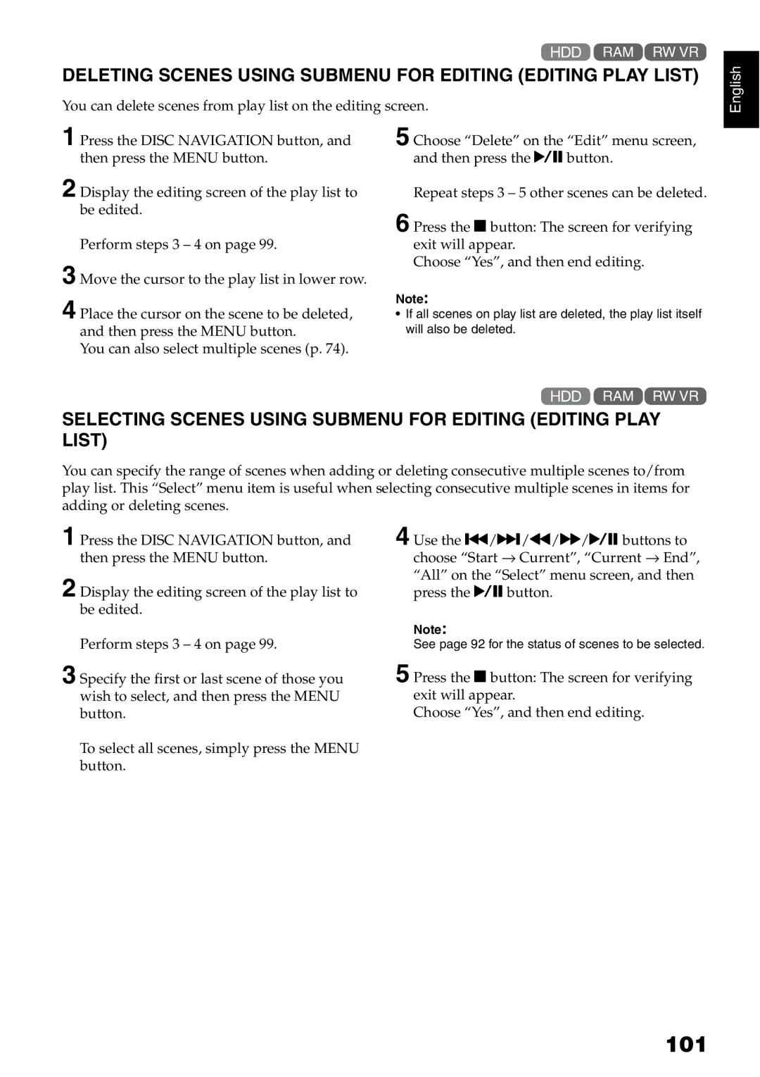 Hitachi DZ-HS500SW instruction manual 101, Deleting Scenes Using Submenu for Editing Editing Play List 