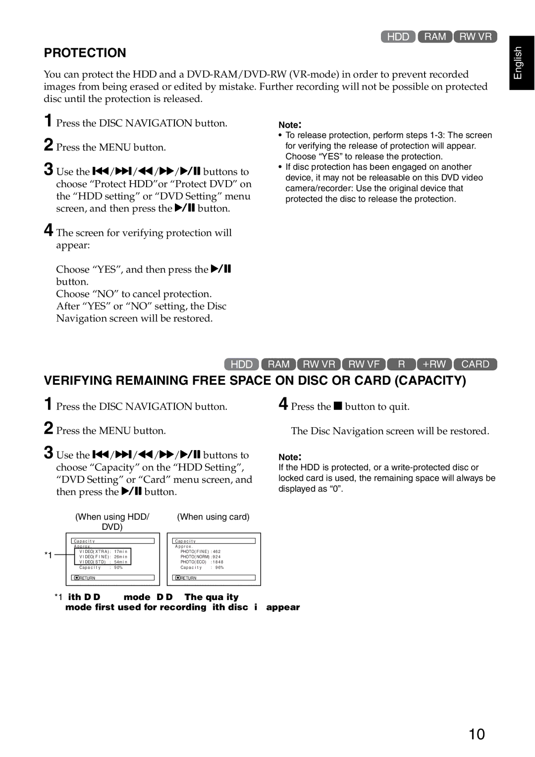 Hitachi DZ-HS500SW instruction manual 105, Protection, Verifying Remaining Free Space on Disc or Card Capacity 