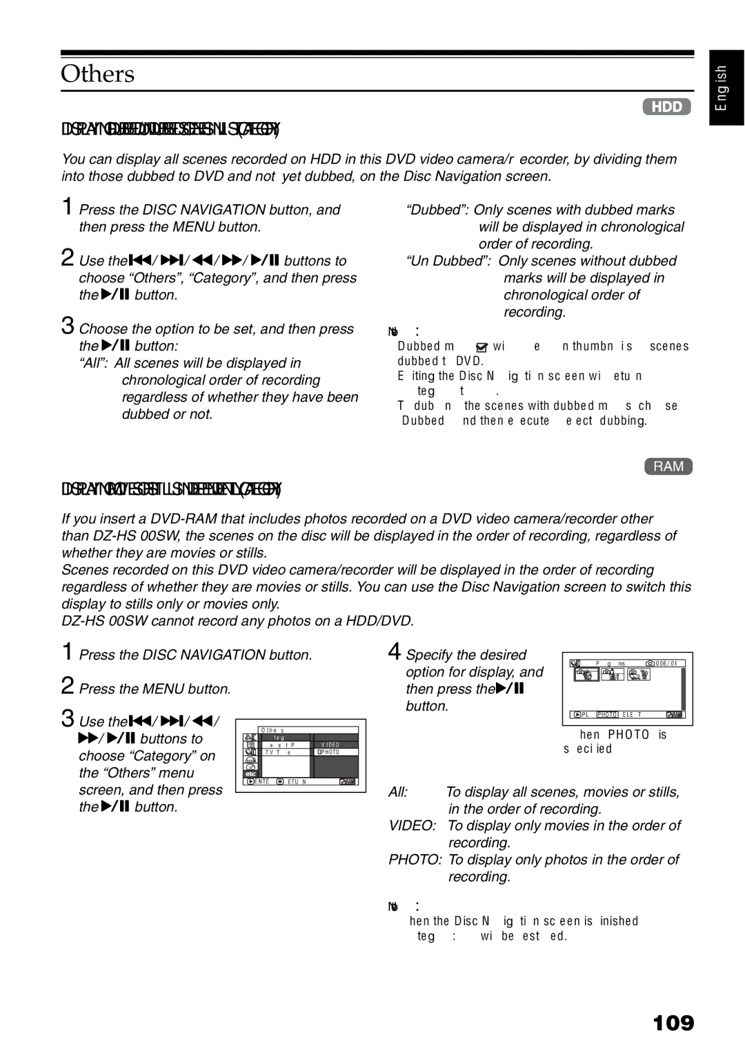 Hitachi DZ-HS500SW instruction manual Others, 109, Displaying DUBBED/UNDUBBED Scenes in List Category 