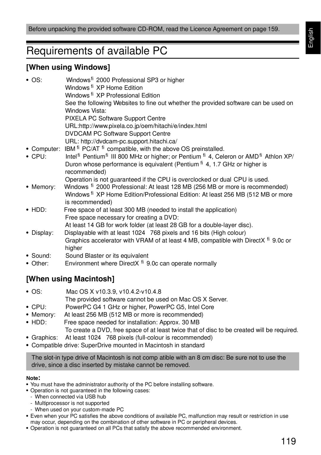 Hitachi DZ-HS500SW instruction manual Requirements of available PC, 119, When using Windows, When using Macintosh 