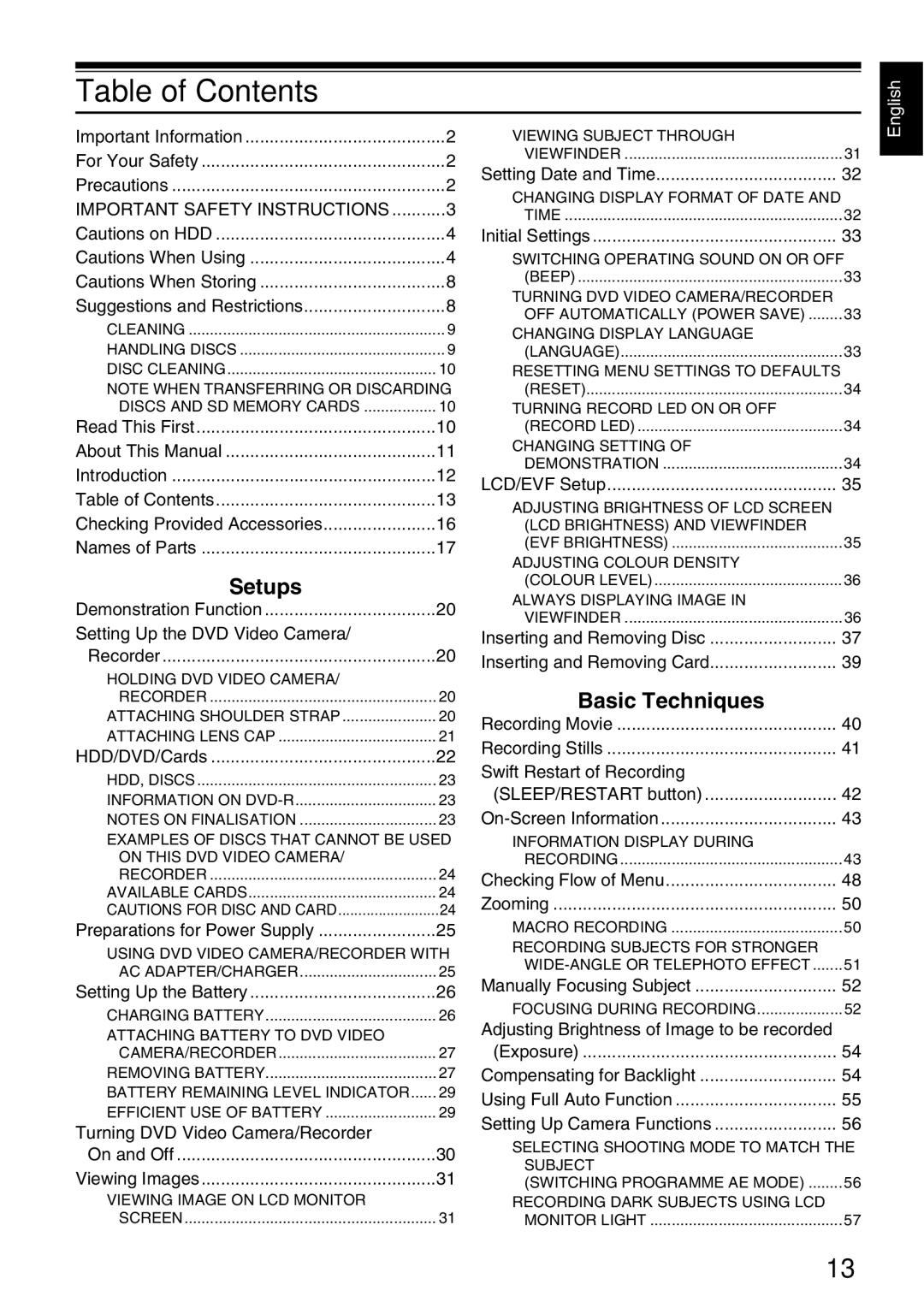 Hitachi DZ-HS500SW instruction manual Table of Contents 